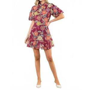 NEW THML puff sleeve floral mini dress in burgundy